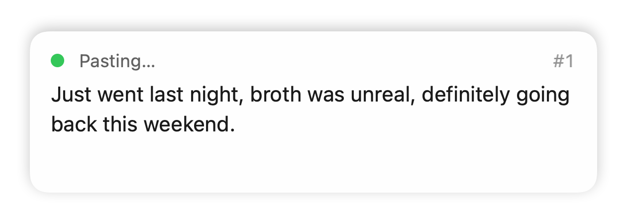 hush·hush pasting panel showing a context-aware sentence composed in the casual tone of the email above (reply to a friend about a ramen rec).